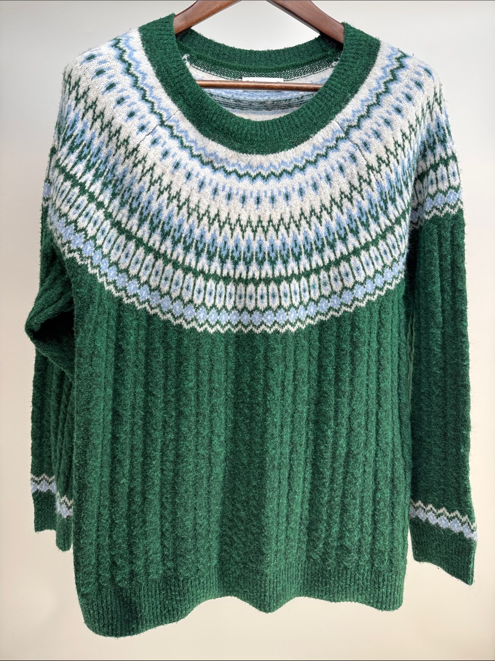 croft & barrow Green Fair Isle Crewneck Sweater with White and Blue Yoke